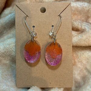 Orange Clover inside Pink Glitter Oval Earrings